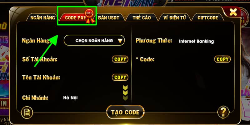 Chọn hình thức nạp qua Code Pay